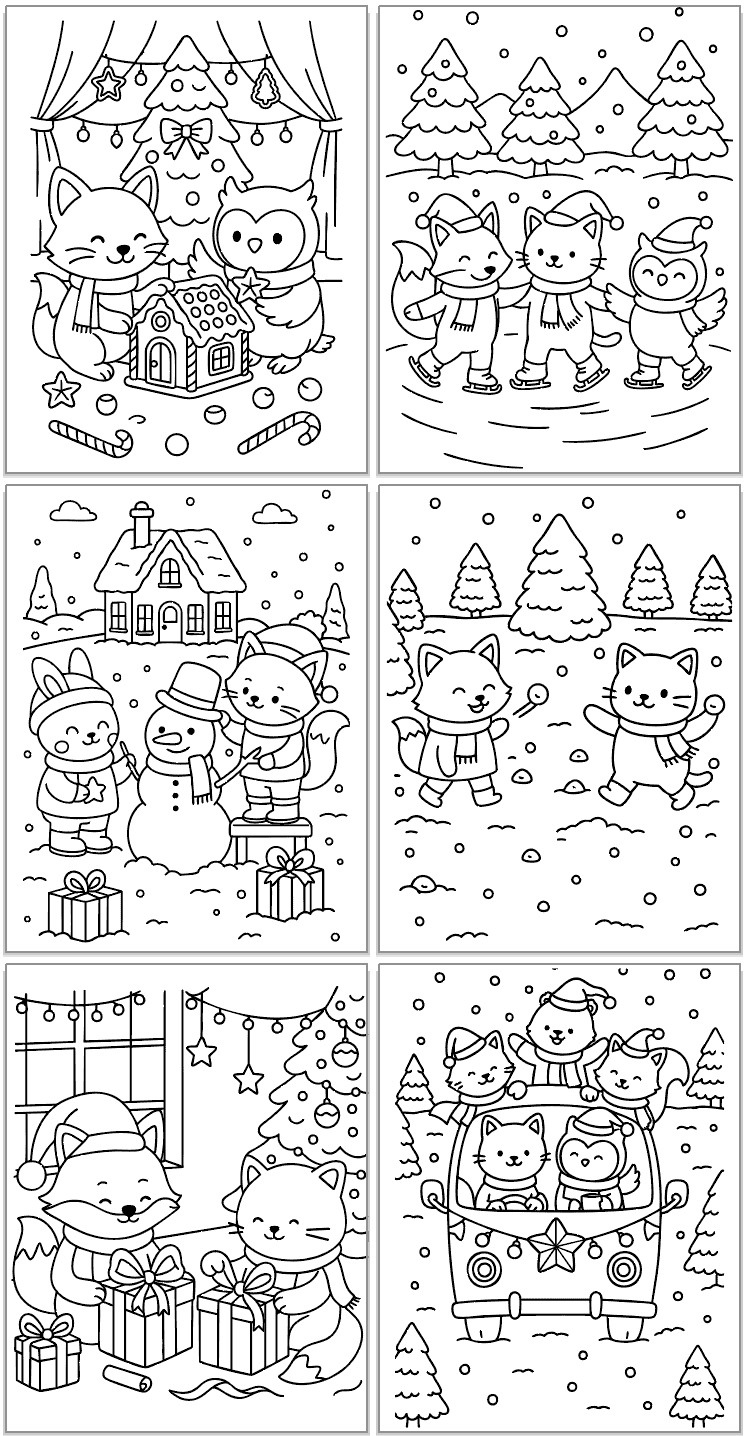 six bold and easy comfy Christmas coloring pages