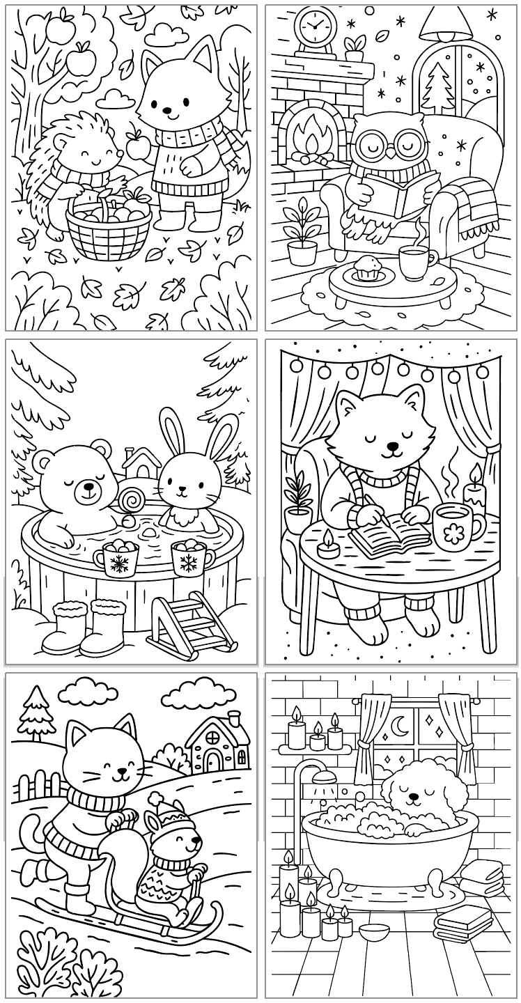 A collection of six cozy winter-themed coloring pages featuring animals like a bear, rabbit, and cat engaged in activities such as collecting apples, reading by the fireplace, and enjoying a bath, suitable for easy coloring and festive themes.
