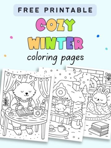 text "free printable cozy winer coloring pages" with a preview of three winter coloring pages in a cozy hygge style