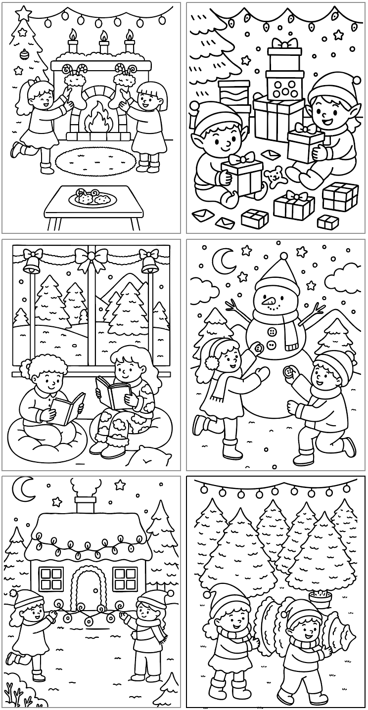 six bold and easy style christmas coloring pages for kids including hanging stockings, elves with presents, and children decorating a snowman