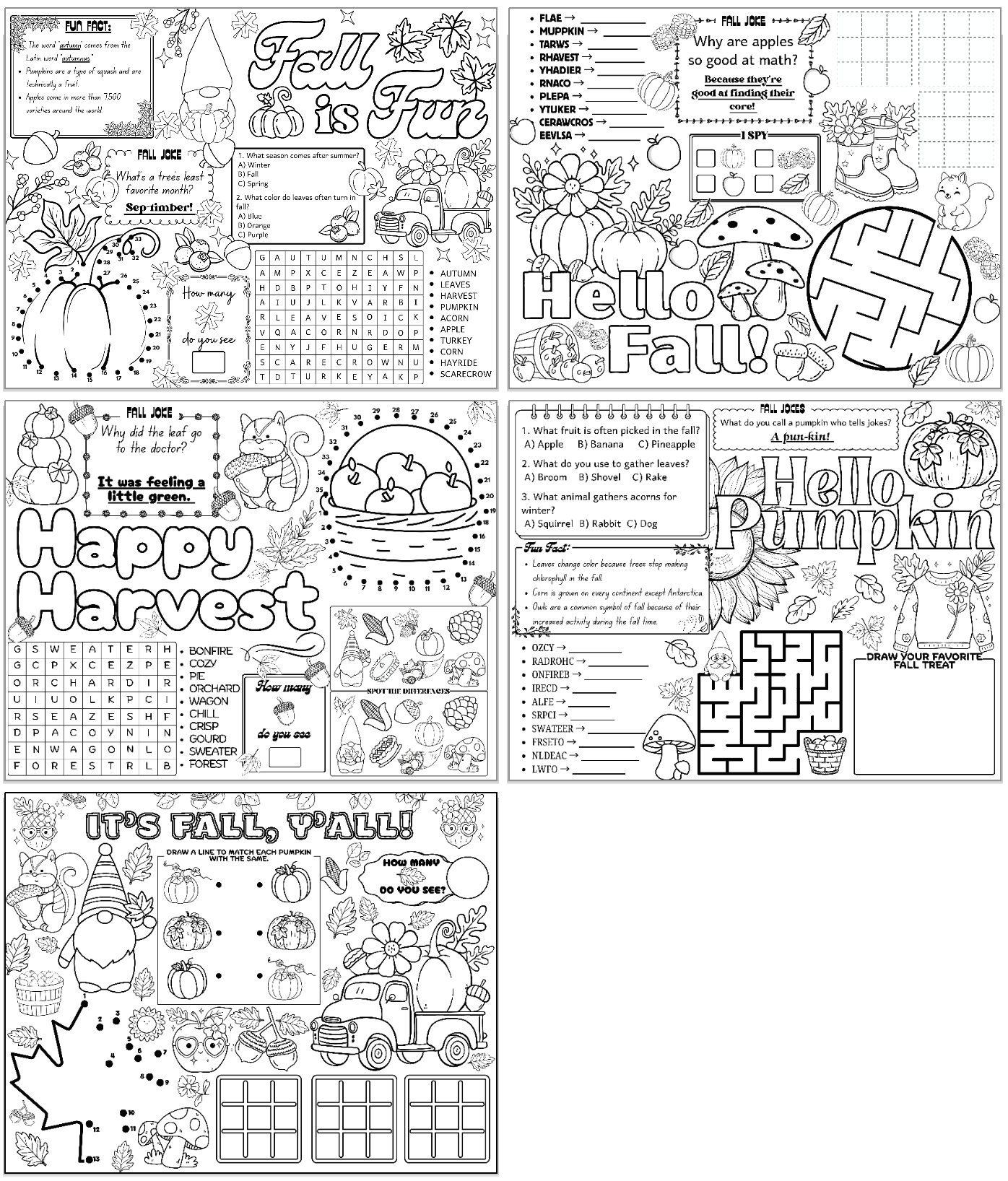 five free printable fall harvest themed activity placemats for children