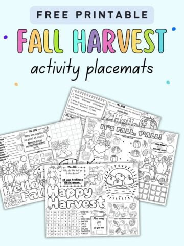 text "free printable fall harvest activity placemats" with a preview of four different fall harvest activity sheets for kids