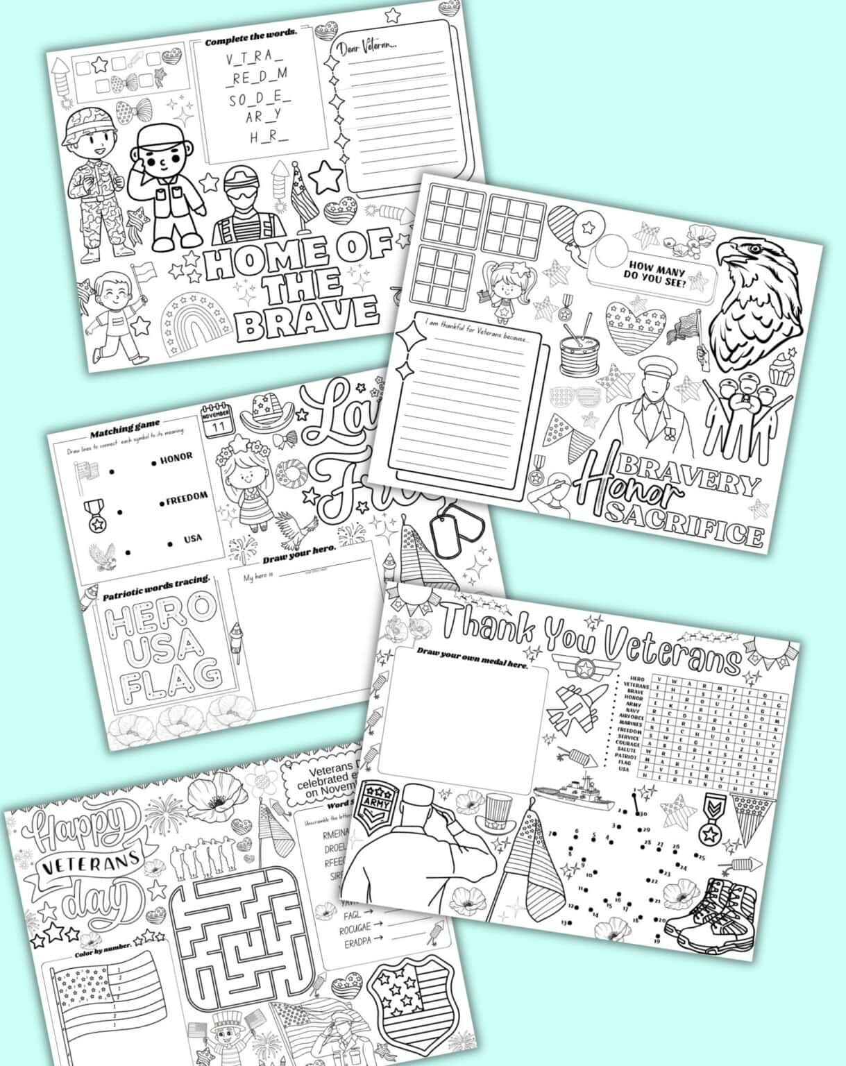 five Veteran's Day themed activity placemats for kids