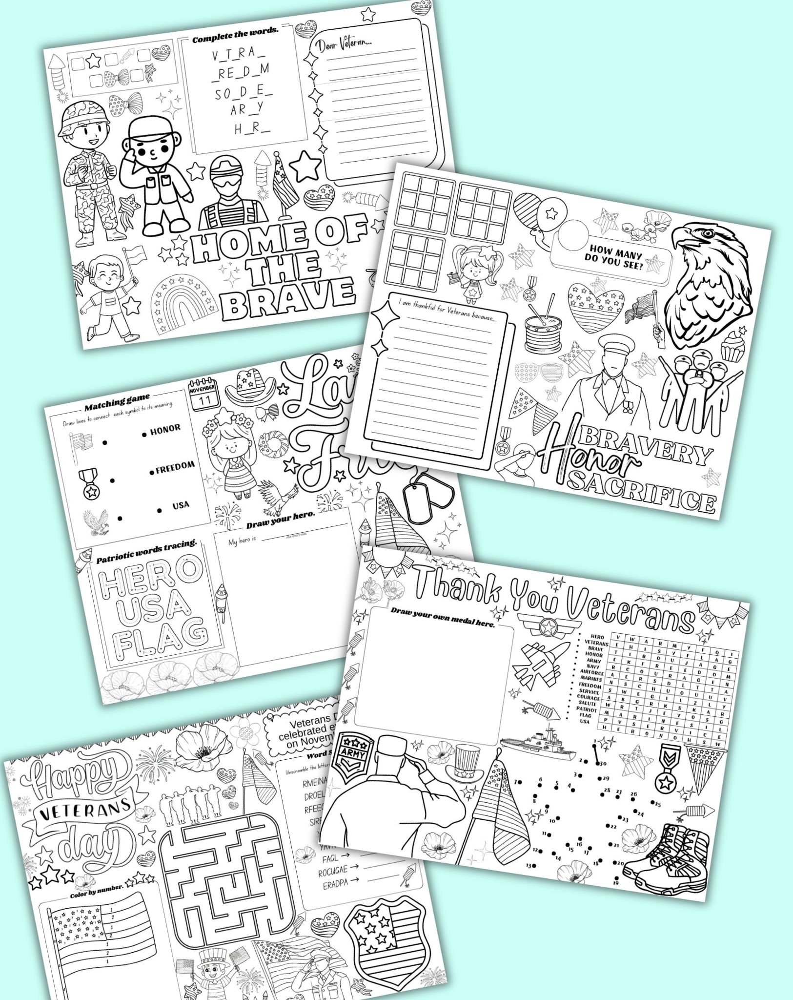 five Veteran's Day themed activity placemats for kids