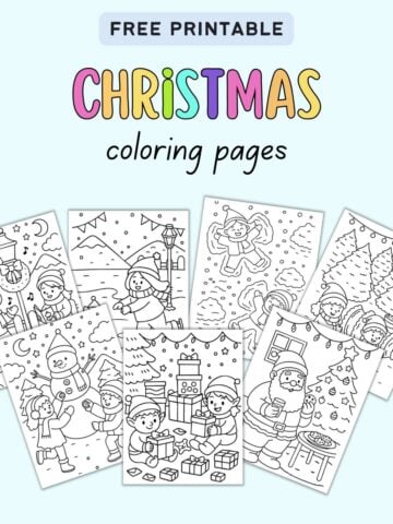 text "free printable Christmas coloring pages" with a preview of seven bold and easy style Christmas coloring pages for kids