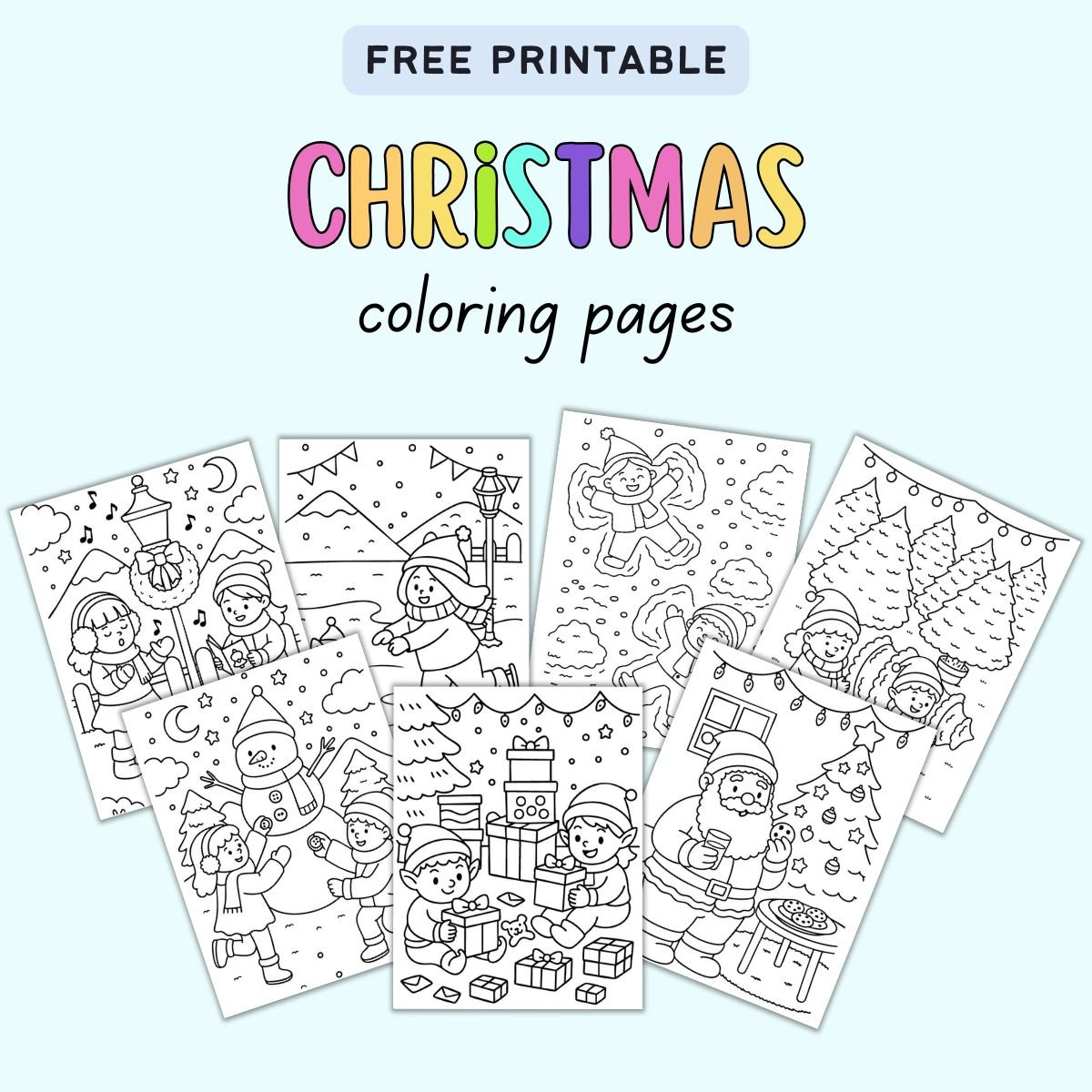 text "free printable Christmas coloring pages" with a preview of seven bold and easy style Christmas coloring pages for kids