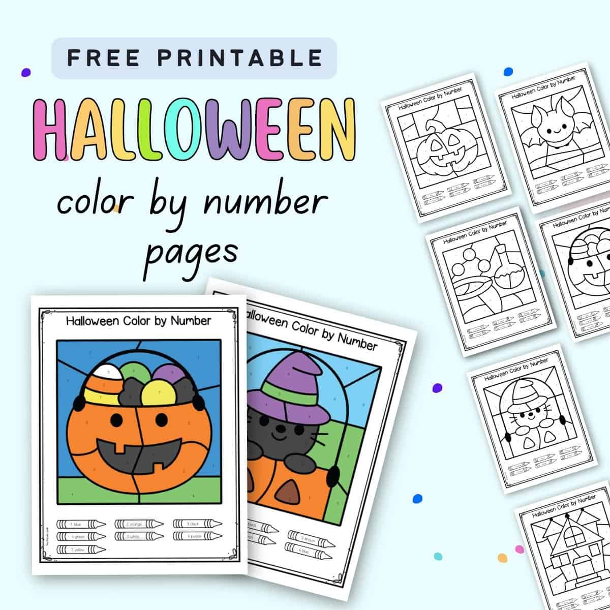 A collection of Halloween-themed "color by number" pages for preschoolers, featuring illustrations of a pumpkin and a cat with crayons, presented as a free printable resource.
