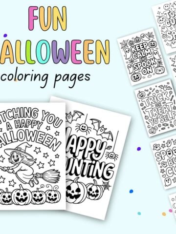 A collection of bold and easy Halloween coloring pages designed for kids, featuring designs with pumpkins, bats, and festive text, set against a light blue background.