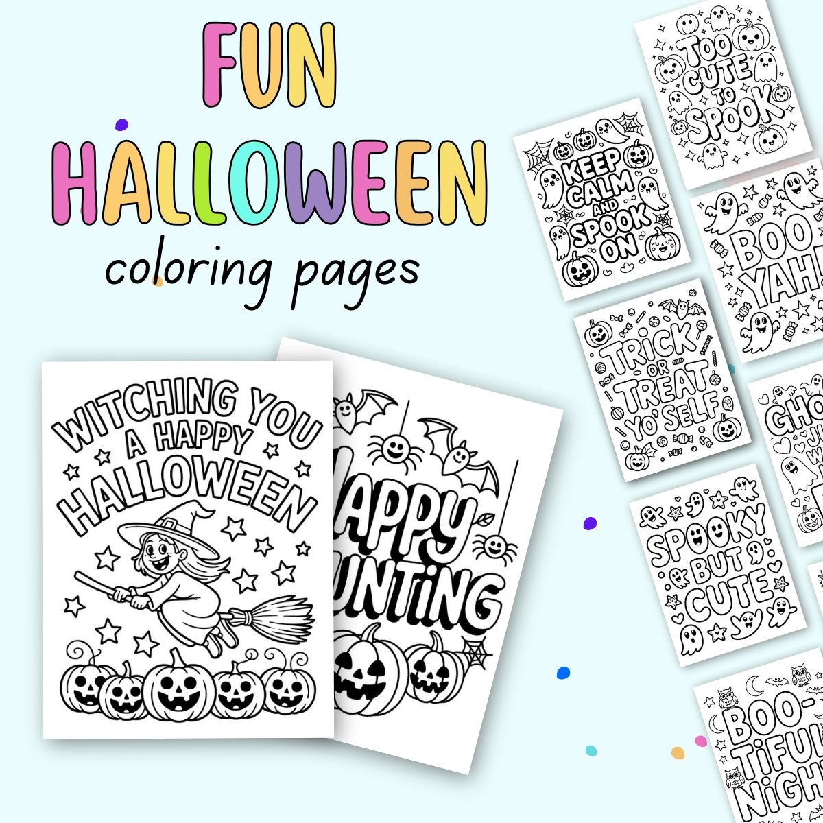 A collection of bold and easy Halloween coloring pages designed for kids, featuring designs with pumpkins, bats, and festive text, set against a light blue background.
