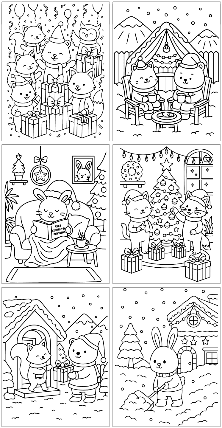 six fuzzy hygge style coloring pages for Christmas