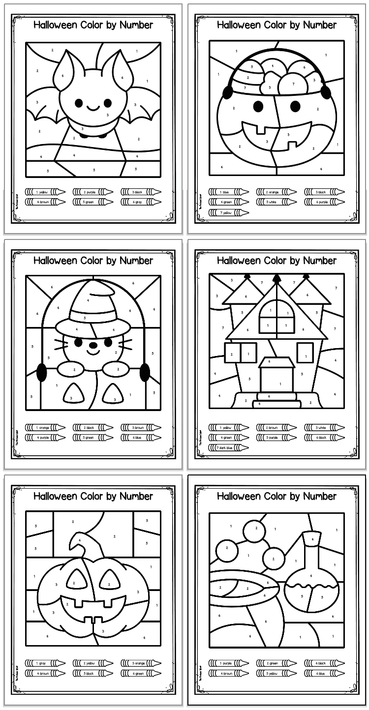 A collection of six Halloween-themed color by number worksheets designed for preschoolers, featuring images such as a bat, pumpkin, witch, haunted house, and cauldron, each accompanied by a color key for coloring.
