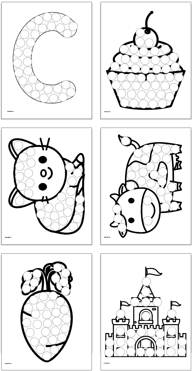 Six letter C themed dot marker coloring pages for kids including an uppercase c, a cupcake, a cat, a cow, a carrot, and a castle