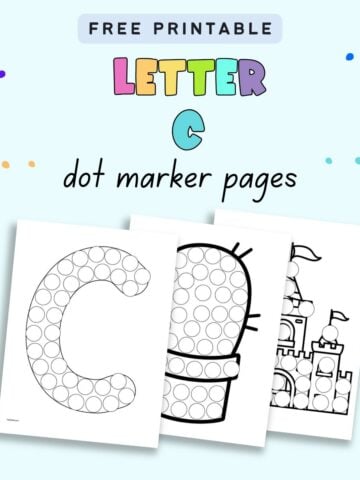text "free printable letter c dot marker pages" with a preview of three letter c themed dot marker coloring pages