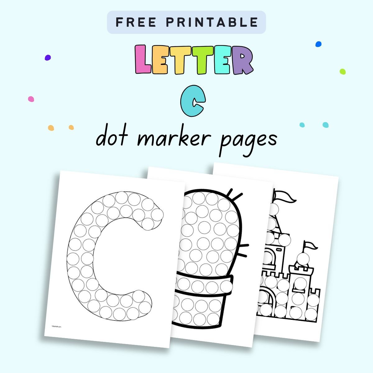 text "free printable letter c dot marker pages" with a preview of three letter c themed dot marker coloring pages