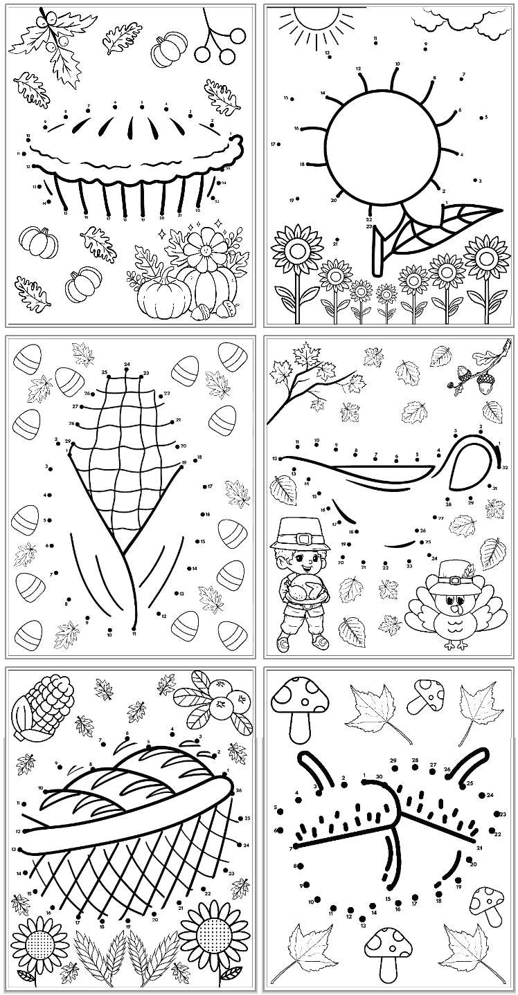 A collection of six Thanksgiving-themed connect the dots printables for kids, featuring images such as a branch, snowman, pilgrim hat, acorn, apple, and a basket of pumpkins.