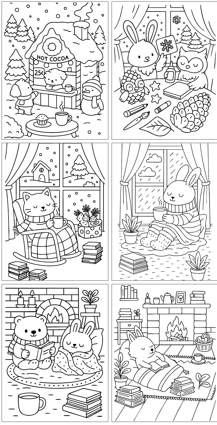 A collection of winter-themed, bear and bunny coloring pages featuring cozy indoor scenes, hot cocoa stands, and festive decorations, ideal for free cozy coloring activities.

