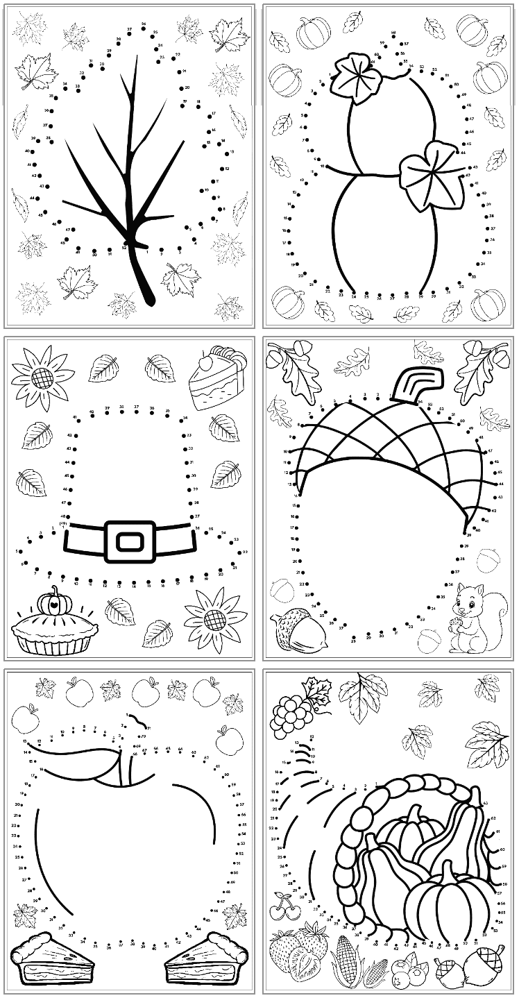 

A collection of six printable Thanksgiving-themed connect the dots and coloring sheets featuring images of a pie, corn, a turkey, a pilgrim, and various autumn elements.
