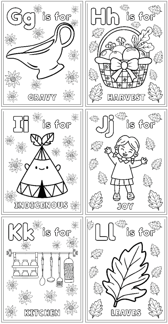 A collage of alphabet coloring pages featuring the letters G, H, I, J, K, and L, with corresponding Thanksgiving-themed words such as "gravy," "harvest," "indigenous," "joy," "kitchen," and "leaves."
