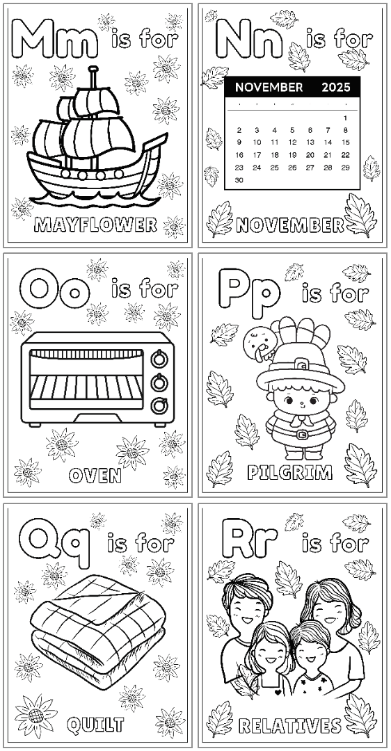 A collage of alphabet coloring sheets depicting objects and characters related to Thanksgiving, including "Mayflower," "November," "Oven," "Pilgrim," "Quilt," and "Relatives," designed for holiday alphabet activities.
