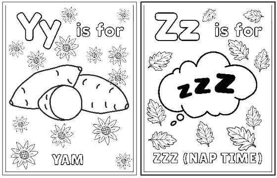 Two alphabet coloring pages feature the letters 'Y' and 'Z', with 'Y' illustrated by yams and 'Z' represented by the word "zzz" indicating nap time, surrounded by autumn leaves.
