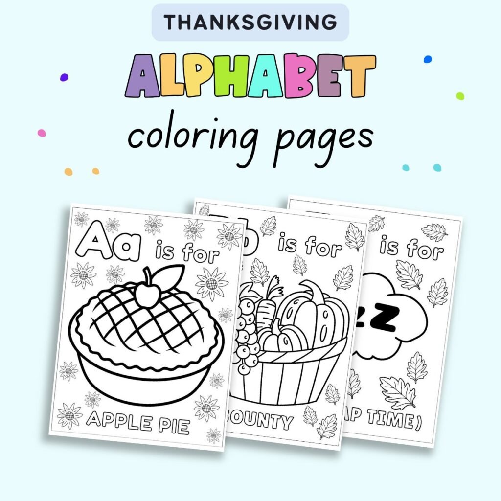text "Thanksgiving alphabet coloring pages" with a preview of alphabet coloring sheets with a Thanksgiving theme