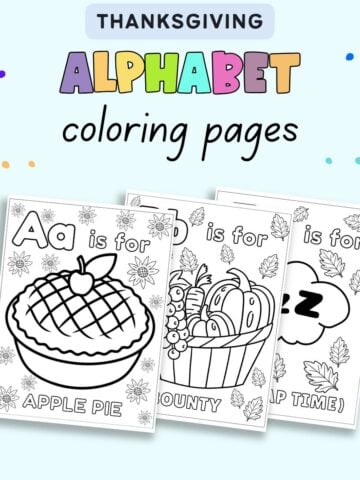 text "Thanksgiving alphabet coloring pages" with a preview of alphabet coloring sheets with a Thanksgiving theme