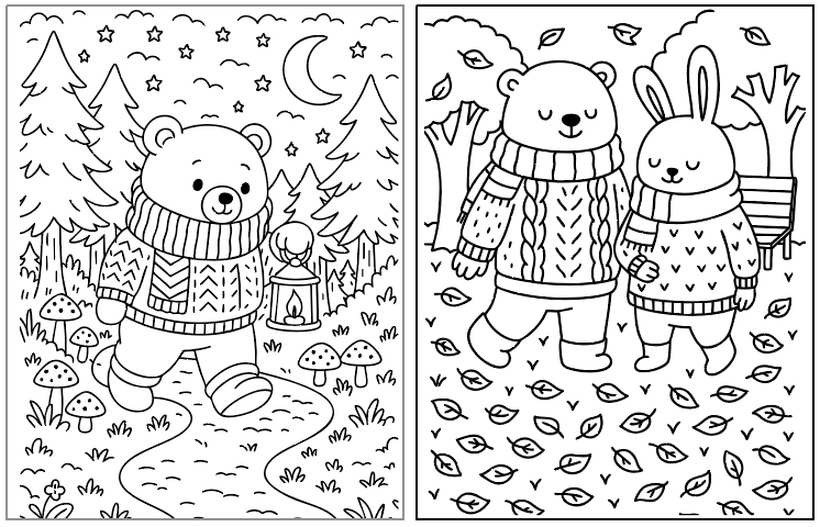 A black and white illustration featuring a bear in a cozy sweater walking along a path surrounded by pine trees and mushrooms on the left, and the same bear walking with a rabbit in sweaters amidst falling leaves on the right, designed as free cozy coloring pages suitable for winter themes.
