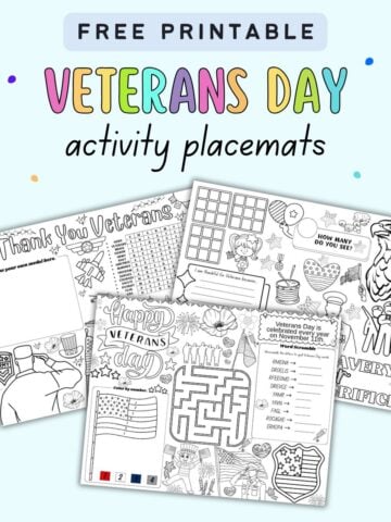 text "free printable Veterans Day activity placemats" with a preview of four activity placemats for veterans day