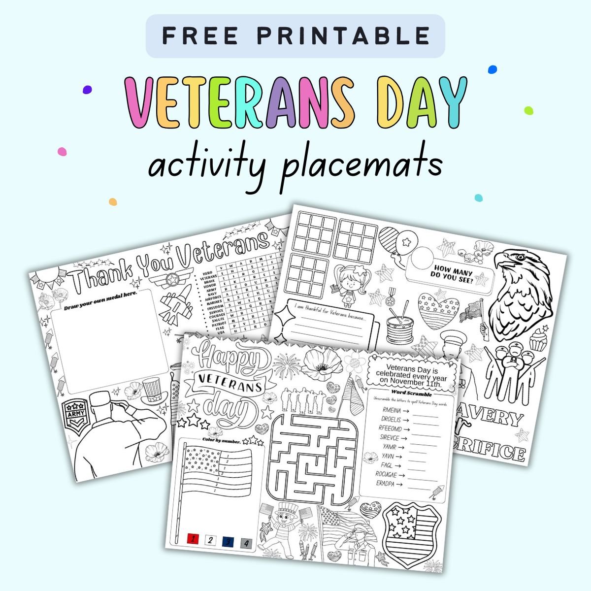 text "free printable Veterans Day activity placemats" with a preview of four activity placemats for veterans day