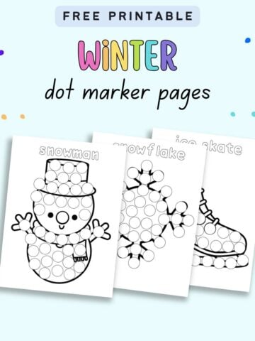 text "free printable winter dot marker pages" with a preview of three dot marker pages with vocabulary in a bubble font
