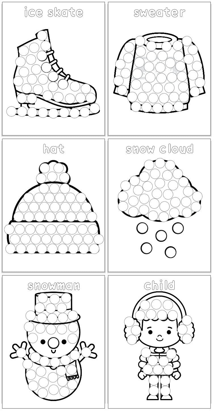 six winer dot marker coloring pages with corresponding vocabulary words. Images include an ice skate, a sweater, a snow could, a hat, a snowman, and a child