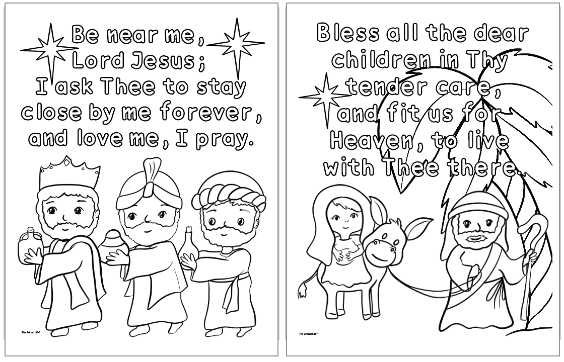 two coloring pages showing Nativity coloring scenes with quotes from Away in a Manger