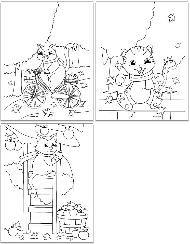 three cat coloring pages. One shows a cat on a bike, one shows a cat playing with leaves, and the third shows a cat picking apples