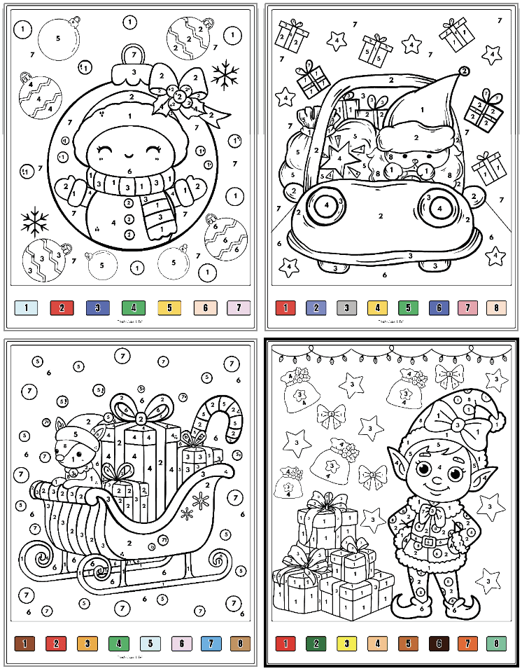 four Christmas color by number pages including Santa, an elf, Santa's sleigh, and a snowman