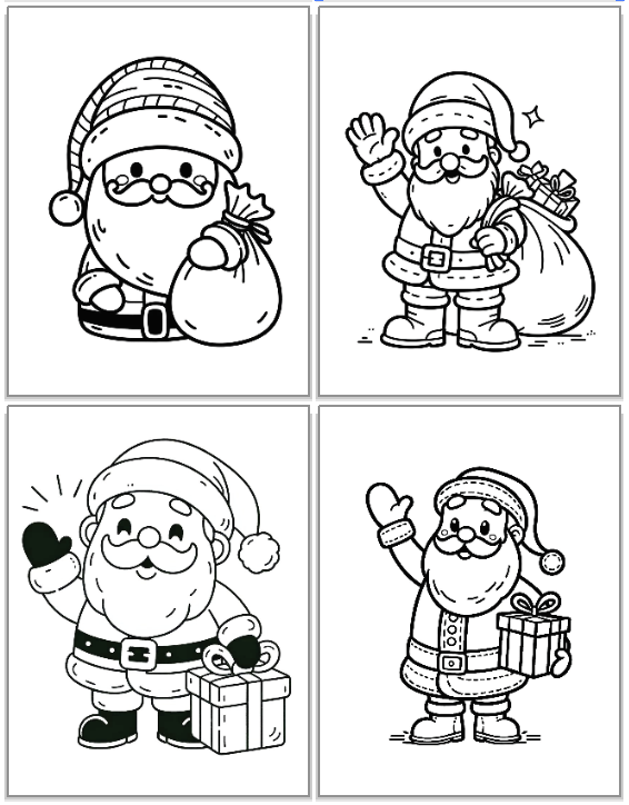 Four black-and-white Santa Claus coloring pages featuring different playful poses of Santa, each holding gifts or a bag, ideal for kids' Christmas coloring activities.
