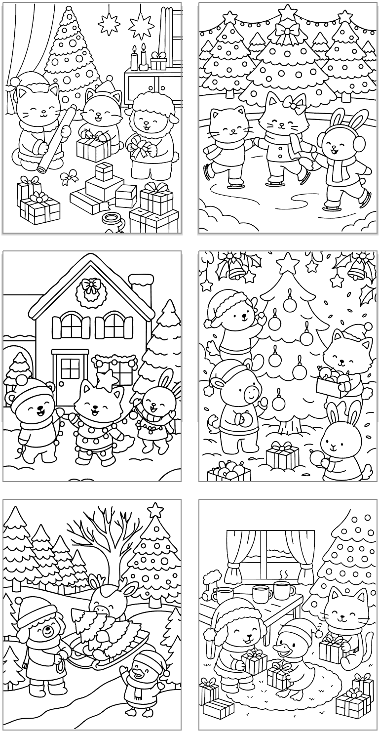 six cozy hygge style Christmas coloring pages showing animals celebrating Christmas