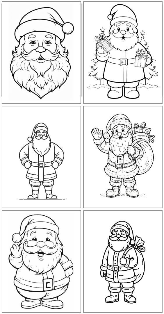 A grid of six black-and-white Santa coloring pages featuring various designs of Santa Claus, including Santa with a bell, a Christmas tree, and gifts, suitable for kids.

