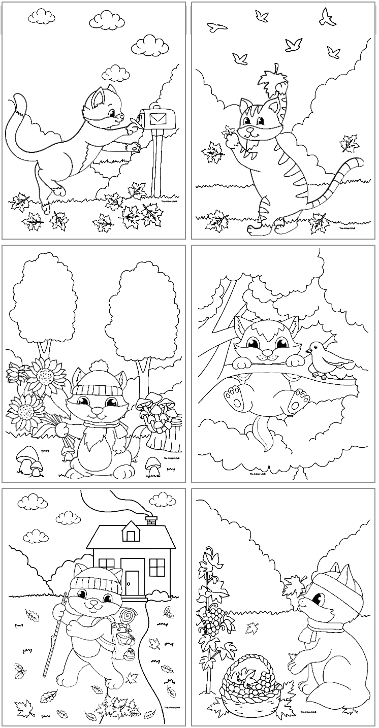 six fall themed coloring pages showing cats in playful situations with leaves and fall flowers