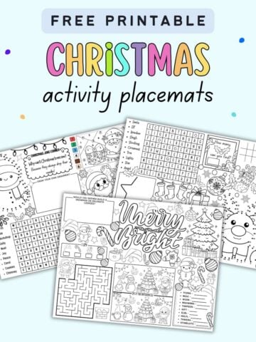 text "free printable Christmas activity placemats" with three activity placemat previews