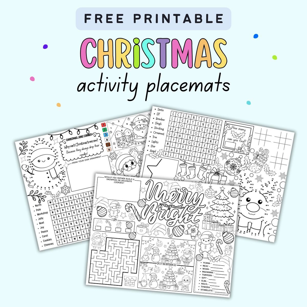 text "free printable Christmas activity placemats" with three activity placemat previews