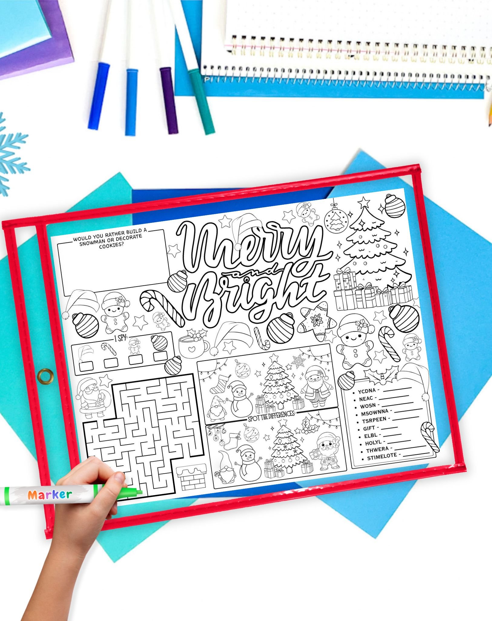 a christmas themed activity placemat in a dry erase pocket or repeated use