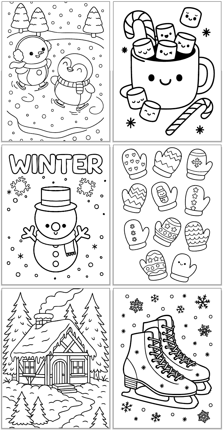 six winter coloring pages for kids