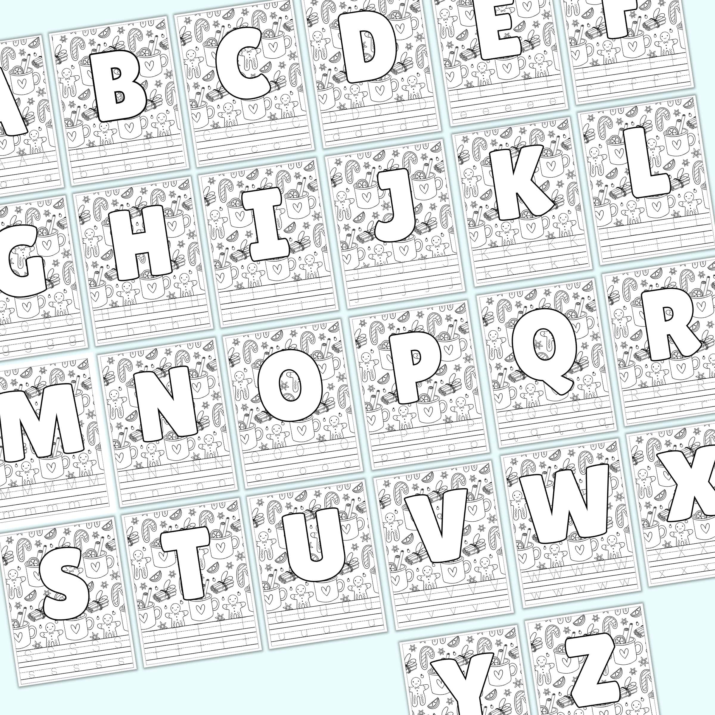 christmas themed alphabet tracing pages with bubble letters and lowercase and uppercase letters to trace