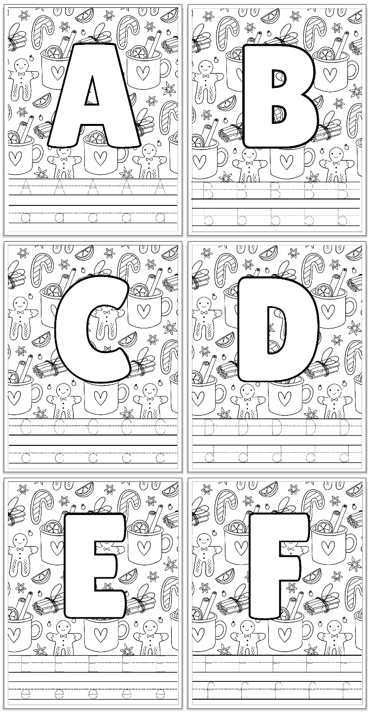 alphabet tracing pages a-f with a Christmas coloring page background