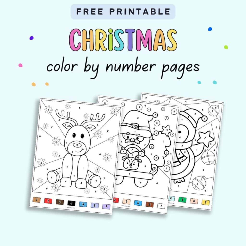 text "free printable Christmas color by number pages" with a preview of three color by number worksheets