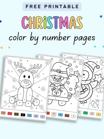 text "free printable Christmas color by number pages" with a preview of three color by number worksheets