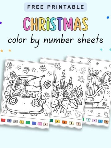text free Christmas printable color by number sheets with a preview of three Christmas color by number pages