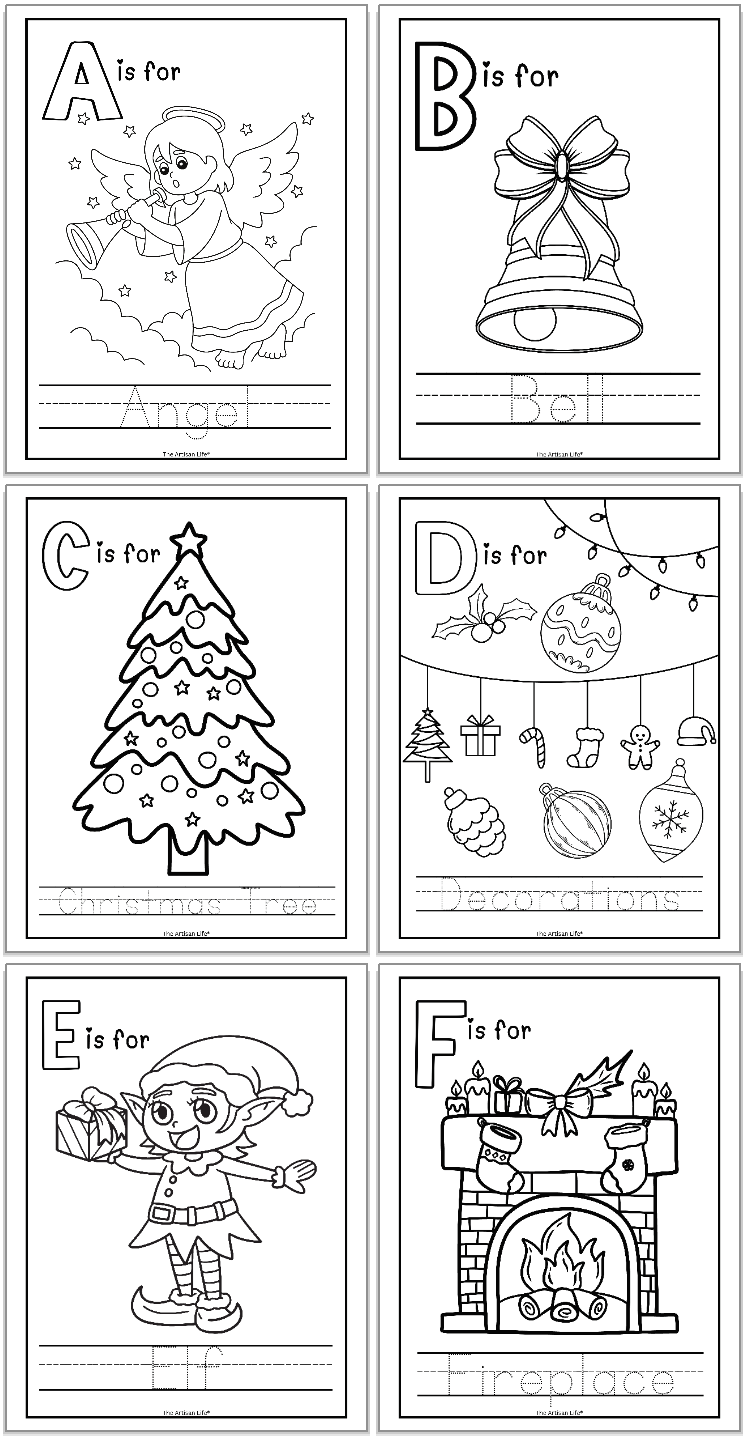 Christmas themed coloring and handwriting practice pages. Each page shows a letter, a matching coloring image, and the word in a handwriting font to trace. This image shows six pages covering letters a-f