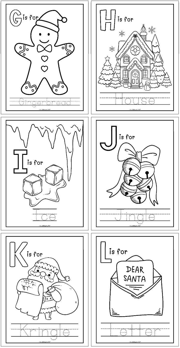 Christmas themed coloring and handwriting practice pages. Each page shows a letter, a matching coloring image, and the word in a handwriting font to trace. This image shows six pages covering letters g-l
