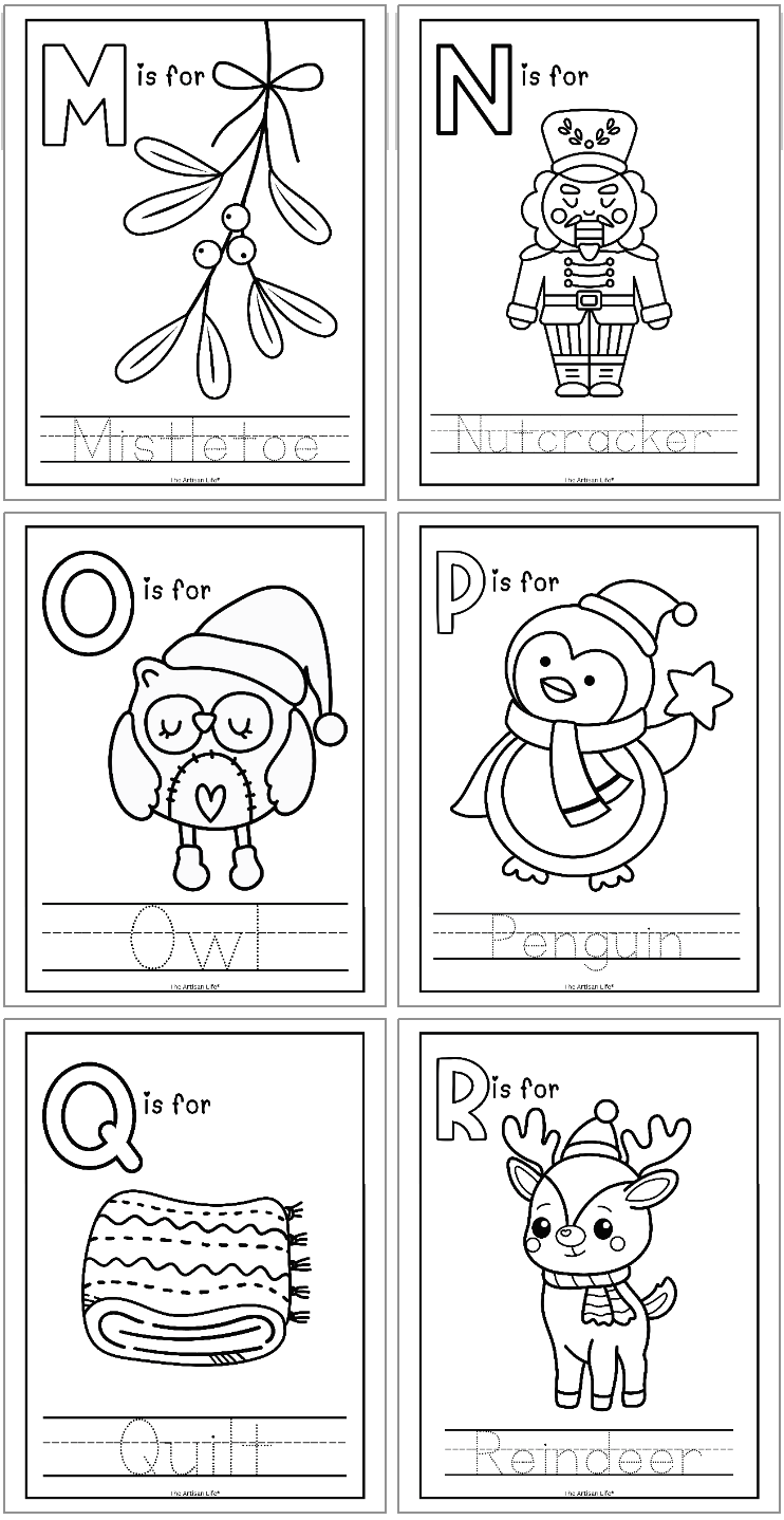 Christmas themed coloring and handwriting practice pages. Each page shows a letter, a matching coloring image, and the word in a handwriting font to trace. This image shows six pages covering letters m -r